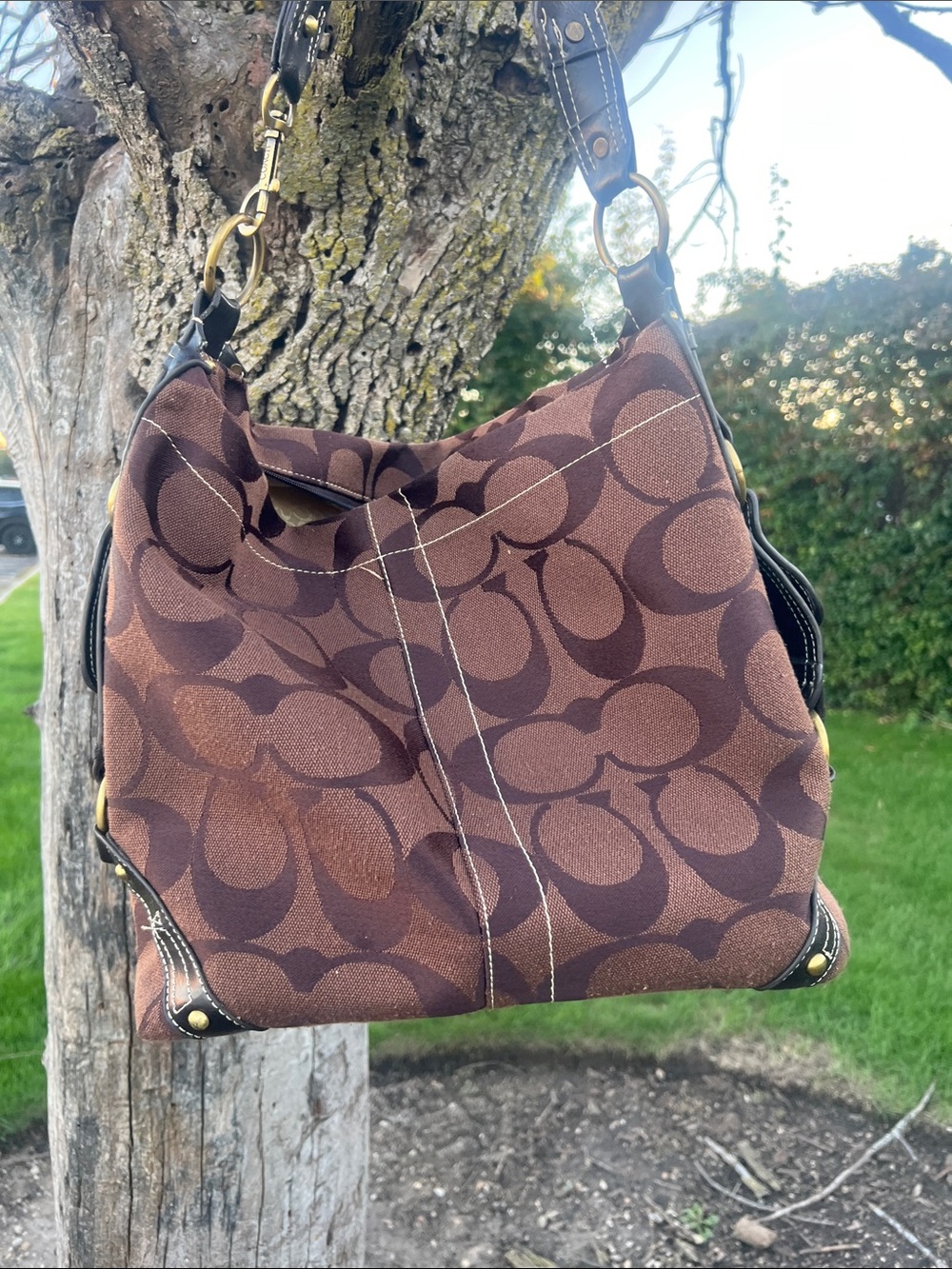 Coach Brown Signature Canvas Shoulder Bag with Dark Chocolate Accents